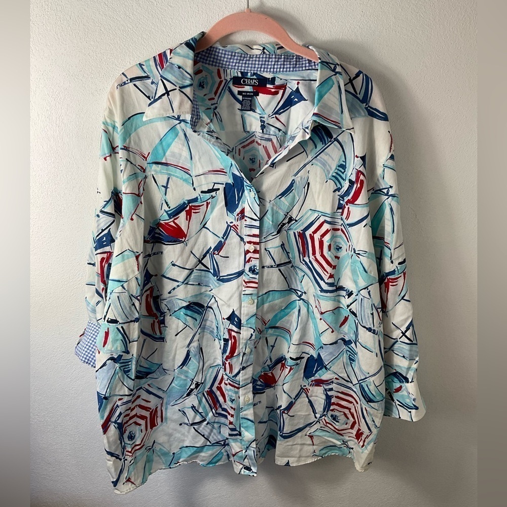 CHAPS No Iron/ Beach Nautical/ Patriotic/ Cuff Sleeve Button Down Blouse Sz XXL
